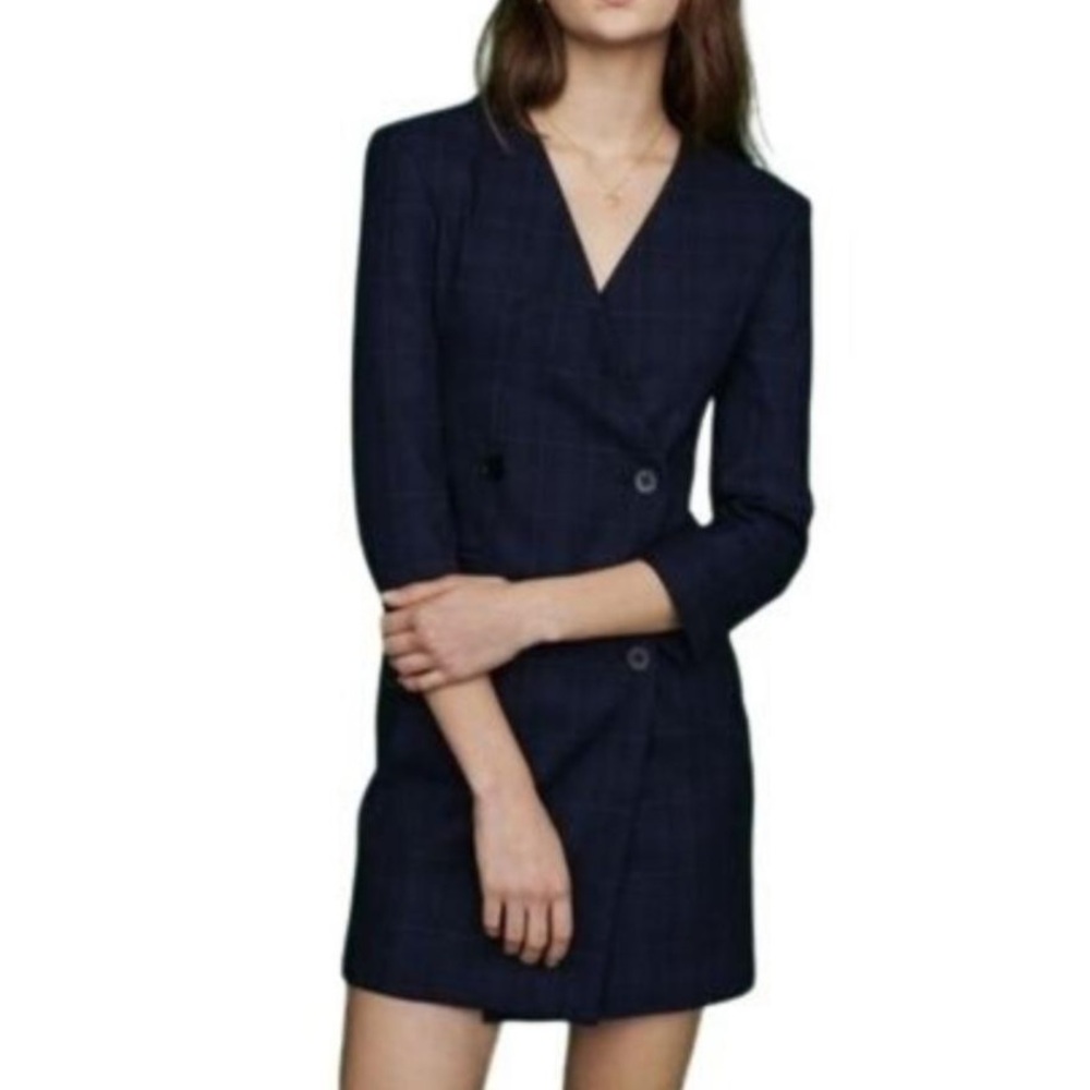 Maje Navy Plaid Long Sleeve Blazer Dress
